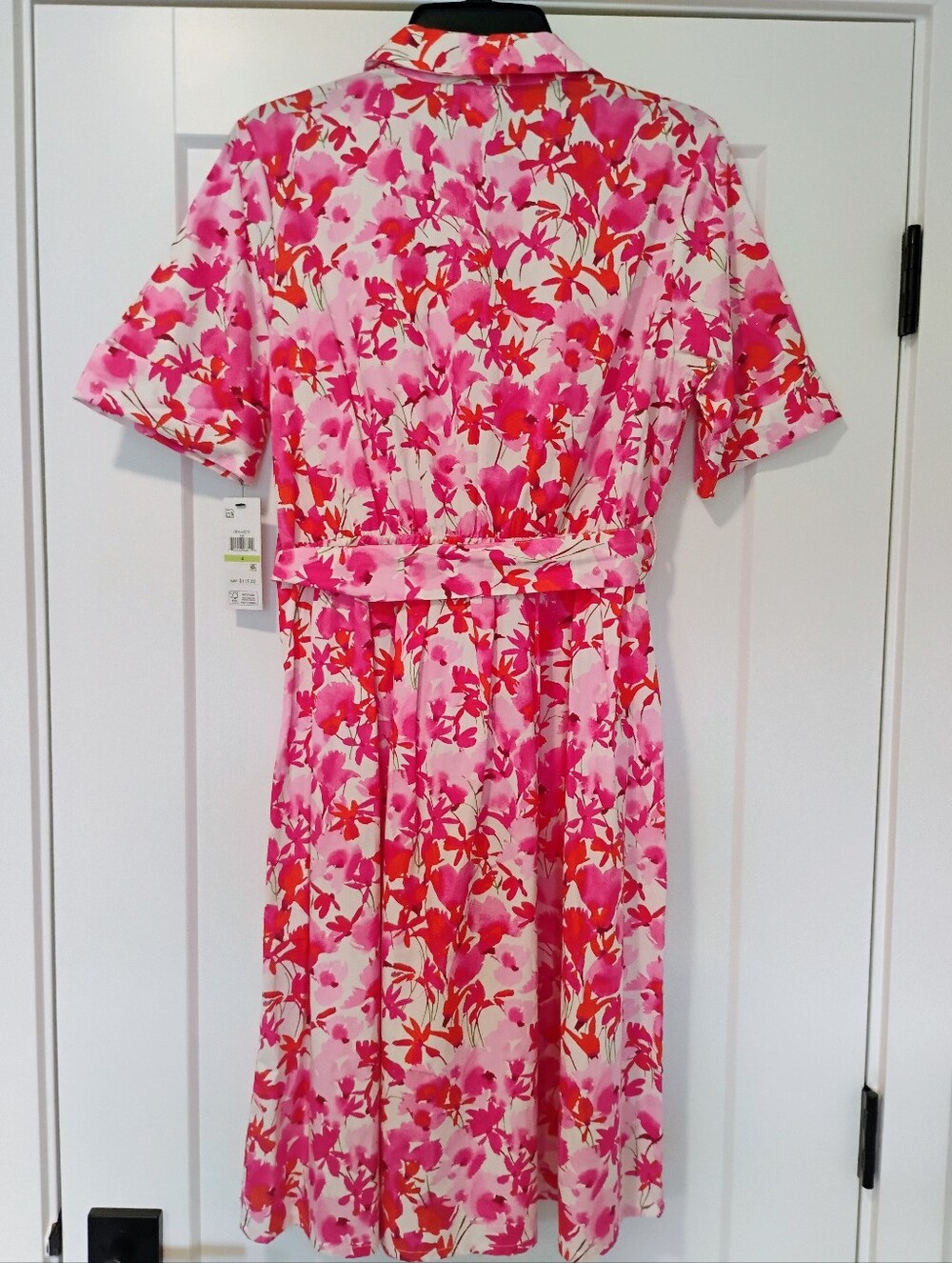 NWT 4 DKNY Pink And Red Floral Short Sleeve Midi Full Skirt Shirt Dress NEW - Picture 2 of 12
